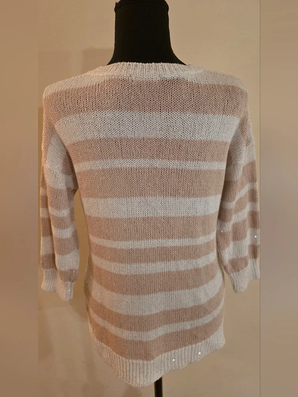 Saks Sparkley Ladies Striped Crewneck Sweater in Tan & White (Med) Viscose Blend